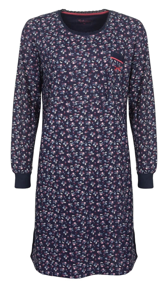 Blauw nachthemd met lange mouwen en een delicaat bloemenpatroon in roze en witte tinten over het hele kledingstuk.
