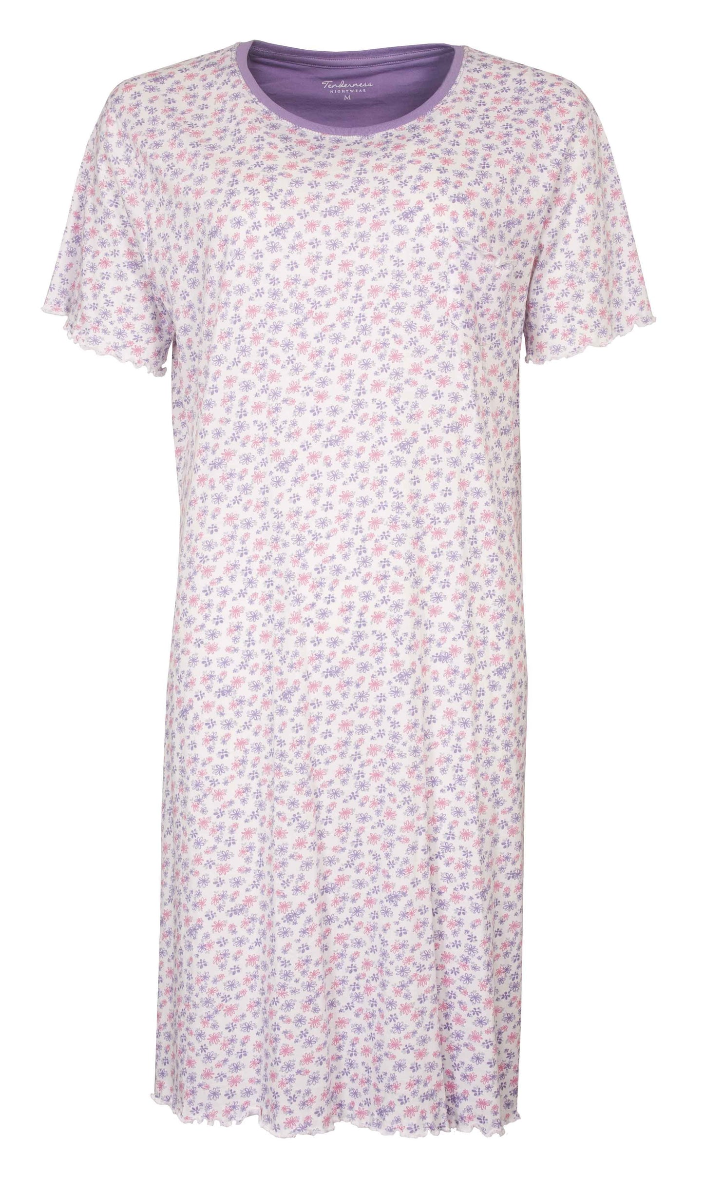 Paars dames nachthemd met korte mouwen en een all-over bloemetjesprint in roze en lila tinten.