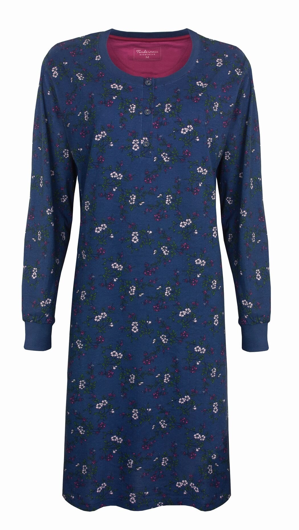 Donkerblauw lang nachthemd met kleine bloemenprint, lange mouwen en knoopsluiting aan de hals
