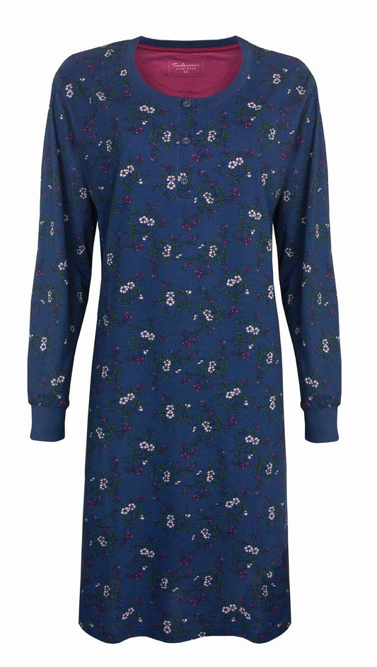 Donkerblauw lang nachthemd met kleine bloemenprint, lange mouwen en knoopsluiting aan de hals