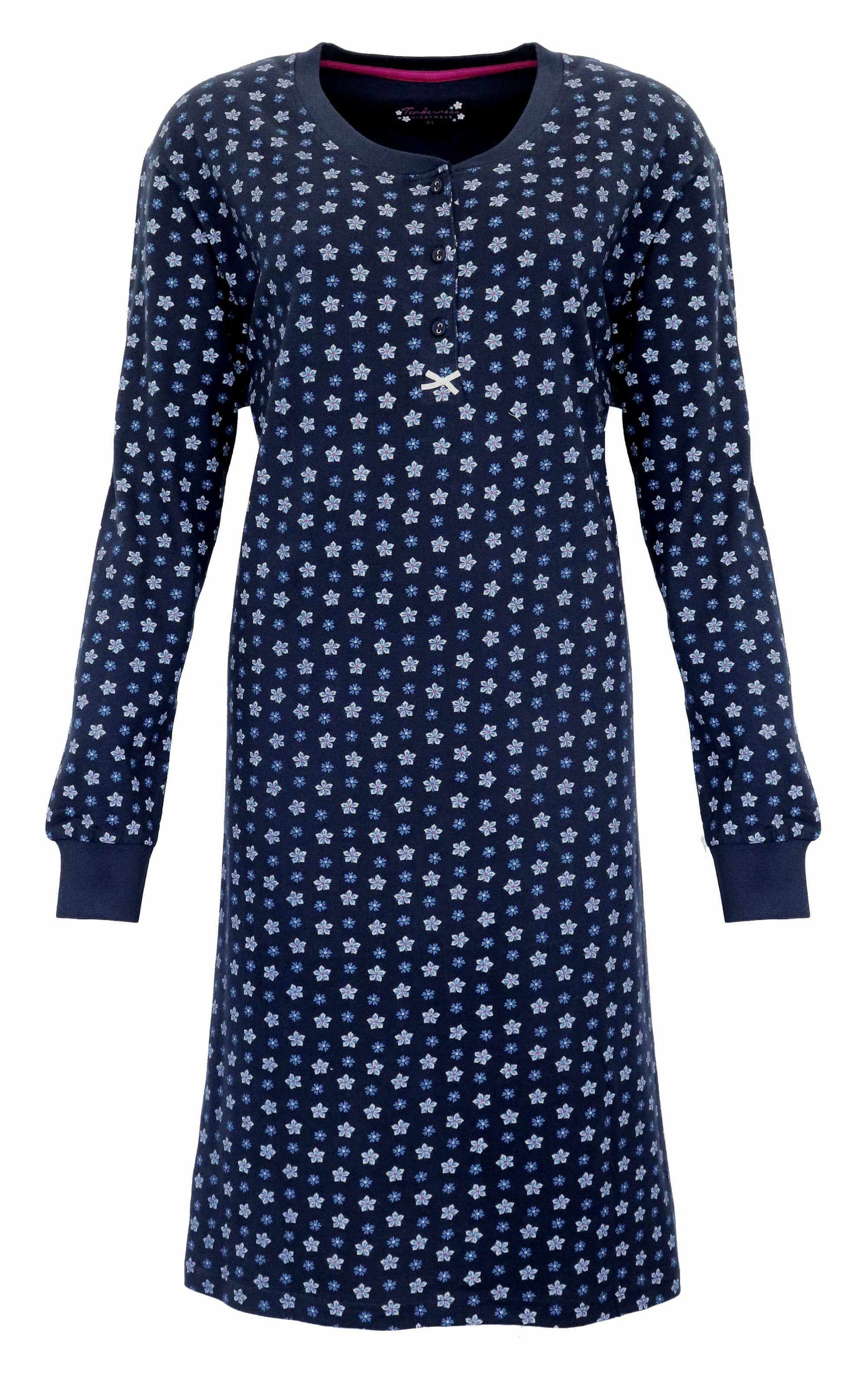 Donkerblauw lang nachthemd met kleine witte bloemenprint, lange mouwen en ronde hals met knoopjes