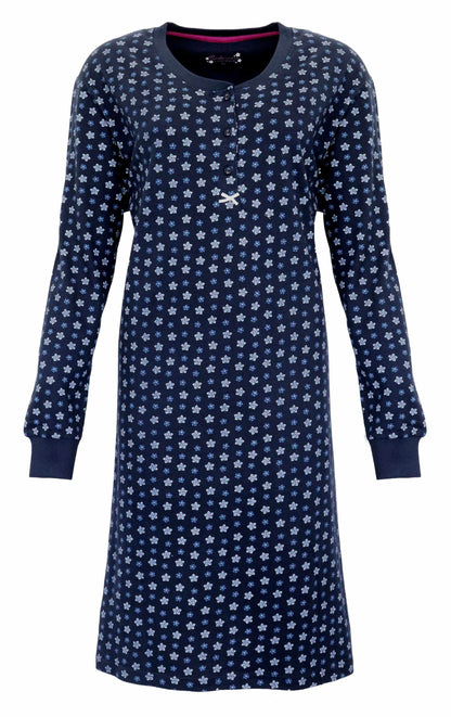 Donkerblauw lang nachthemd met kleine witte bloemenprint, lange mouwen en ronde hals met knoopjes