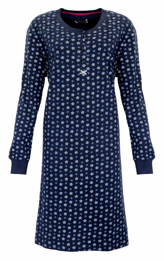 Donkerblauw lang nachthemd met kleine witte bloemenprint, lange mouwen en ronde hals met knoopjes