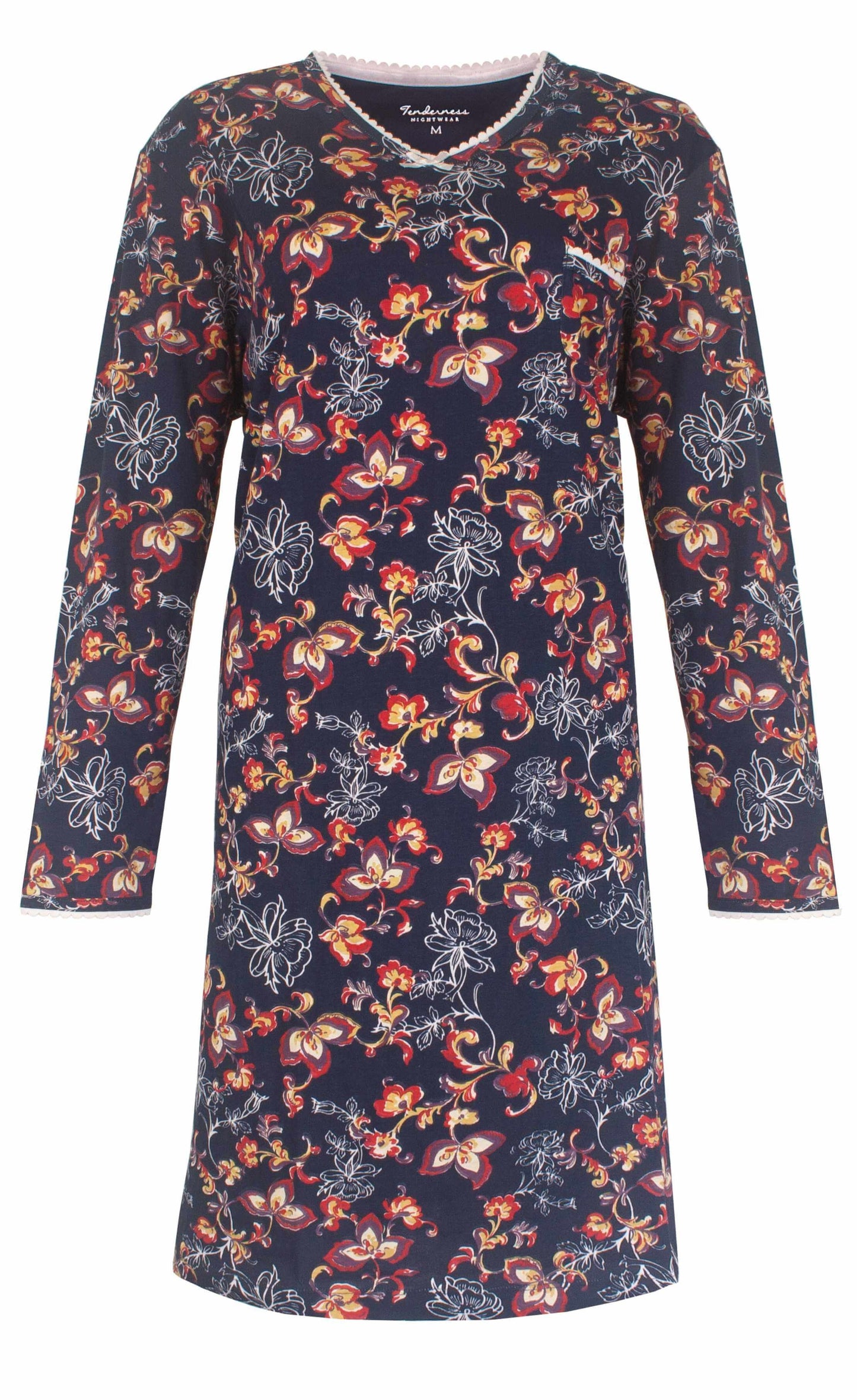 Donkerblauw nachthemd met lange mouwen, versierd met een rood en wit bloemenpatroon over het hele kledingstuk.