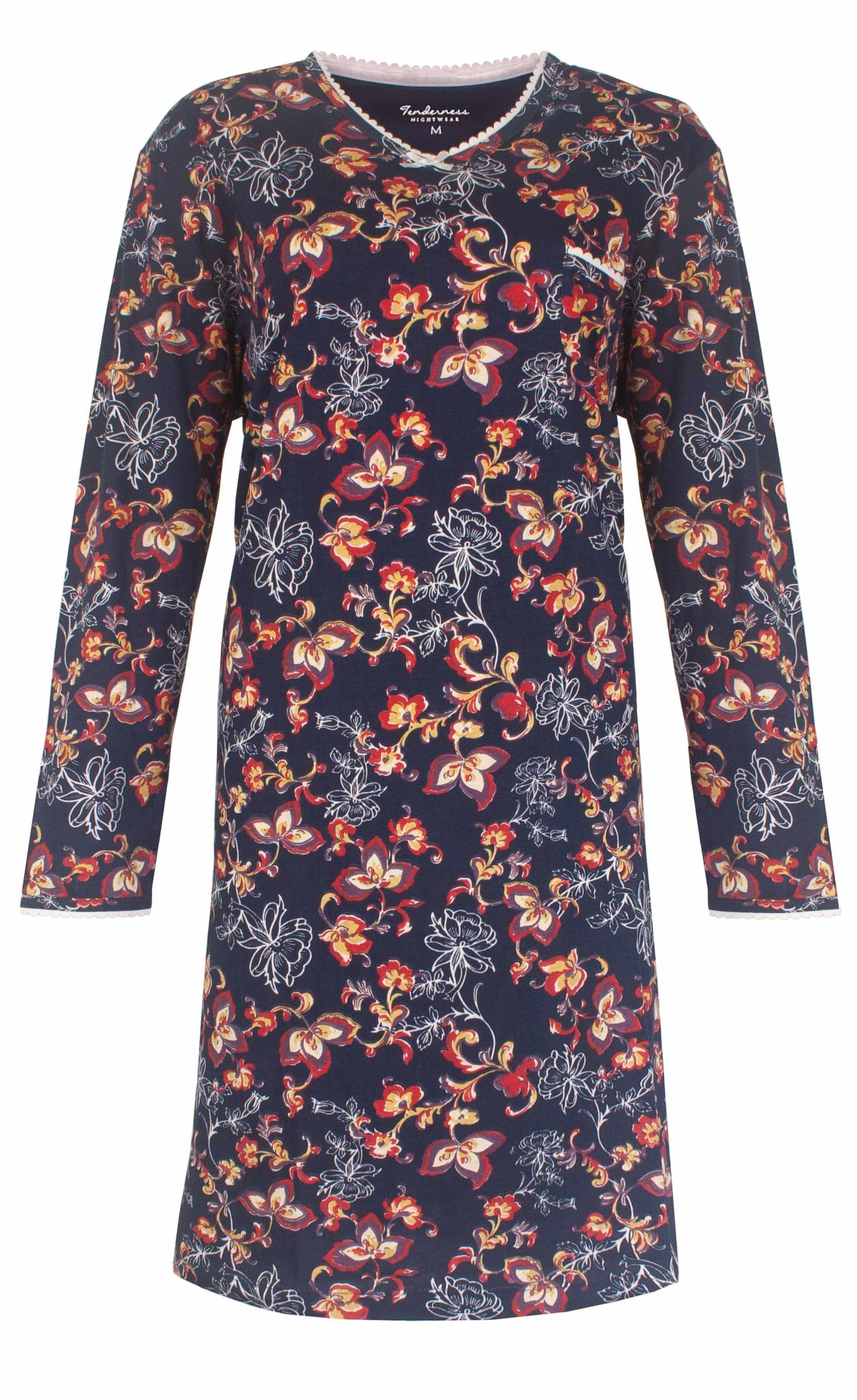 Donkerblauw nachthemd met lange mouwen, versierd met een rood en wit bloemenpatroon over het hele kledingstuk.