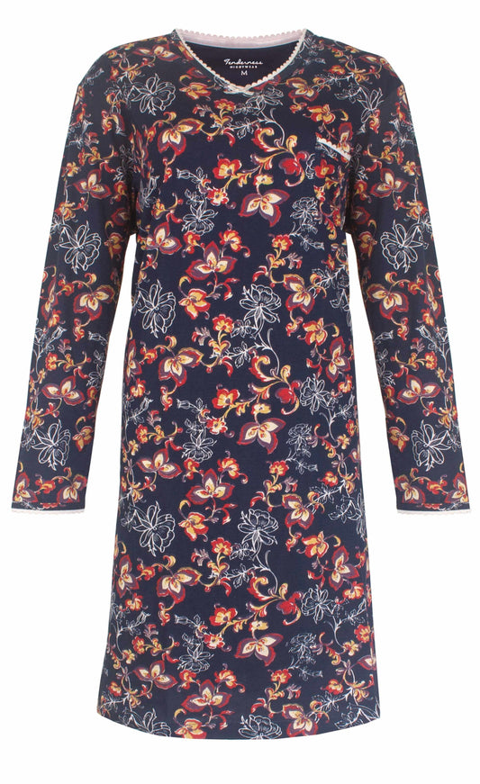 Donkerblauw nachthemd met lange mouwen, versierd met een rood en wit bloemenpatroon over het hele kledingstuk.
