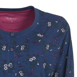 Donkerblauw nachthemd met kleine bloemenprint in wit en roze, ronde hals met contrasterende roze bies