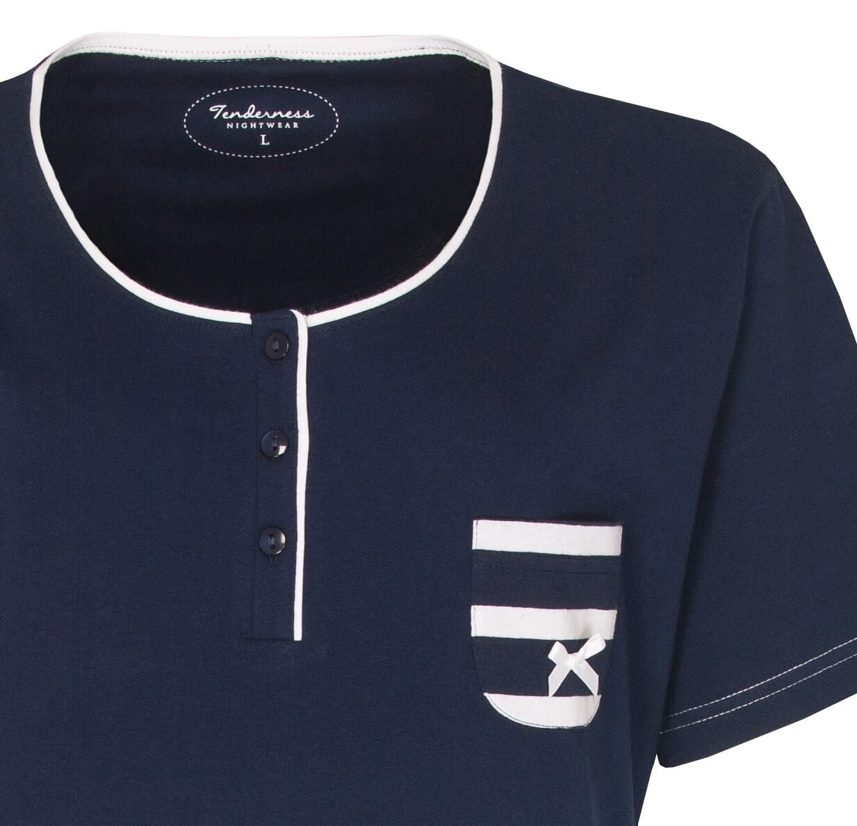 Donkerblauw katoenen nachthemd met witte bies, knoopsluiting en borstzakje met strikdetail
