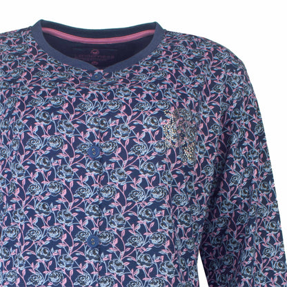 Blauw nachthemd met roze en lichtblauwe bloemenprint, lange mouwen, ronde hals en doorknoop sluiting