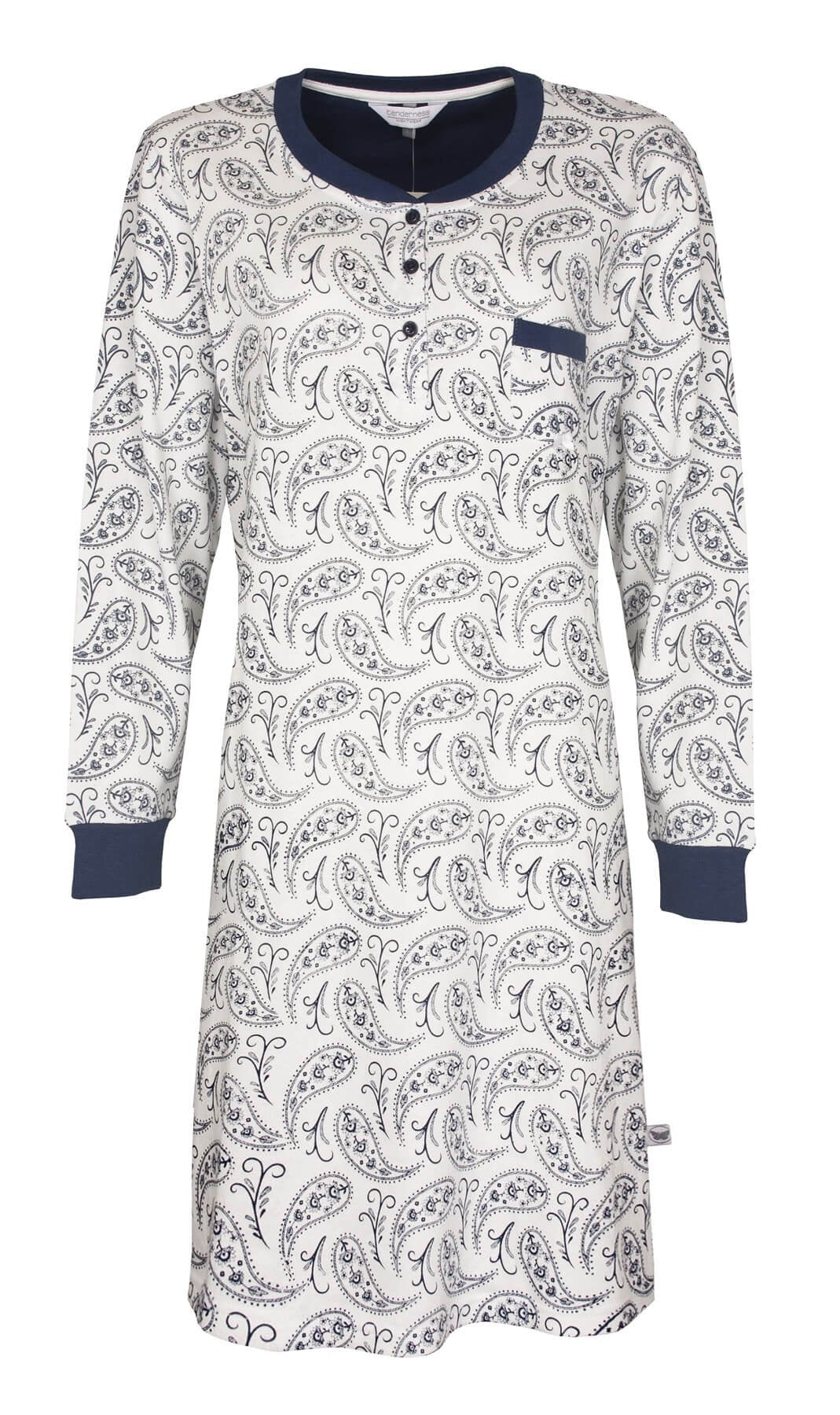 Lang nachthemd met blauwe kraag en manchetten, wit met blauw paisleypatroon, knoopsluiting en borstzakje