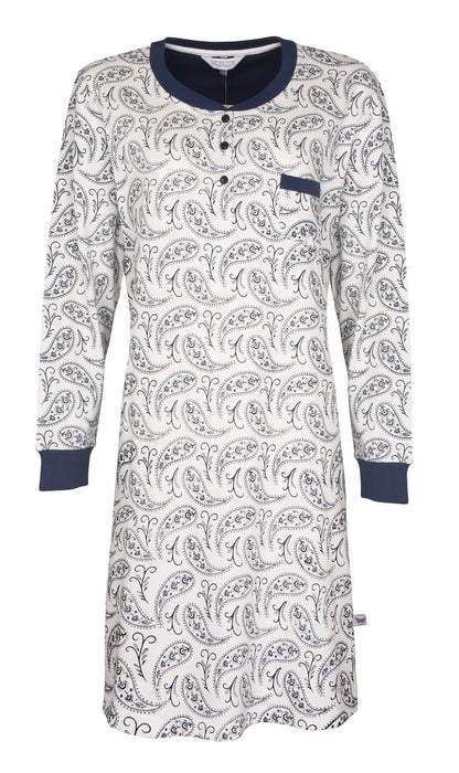Lang nachthemd met blauwe kraag en manchetten, wit met blauw paisleypatroon, knoopsluiting en borstzakje