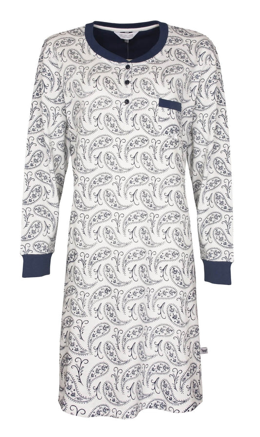 Lang nachthemd met blauwe kraag en manchetten, wit met blauw paisleypatroon, knoopsluiting en borstzakje