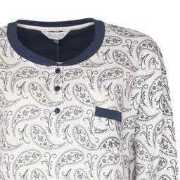 Nachthemd met beige achtergrond en donkerblauw paisleypatroon. Donkerblauwe kraag met knoopsluiting.