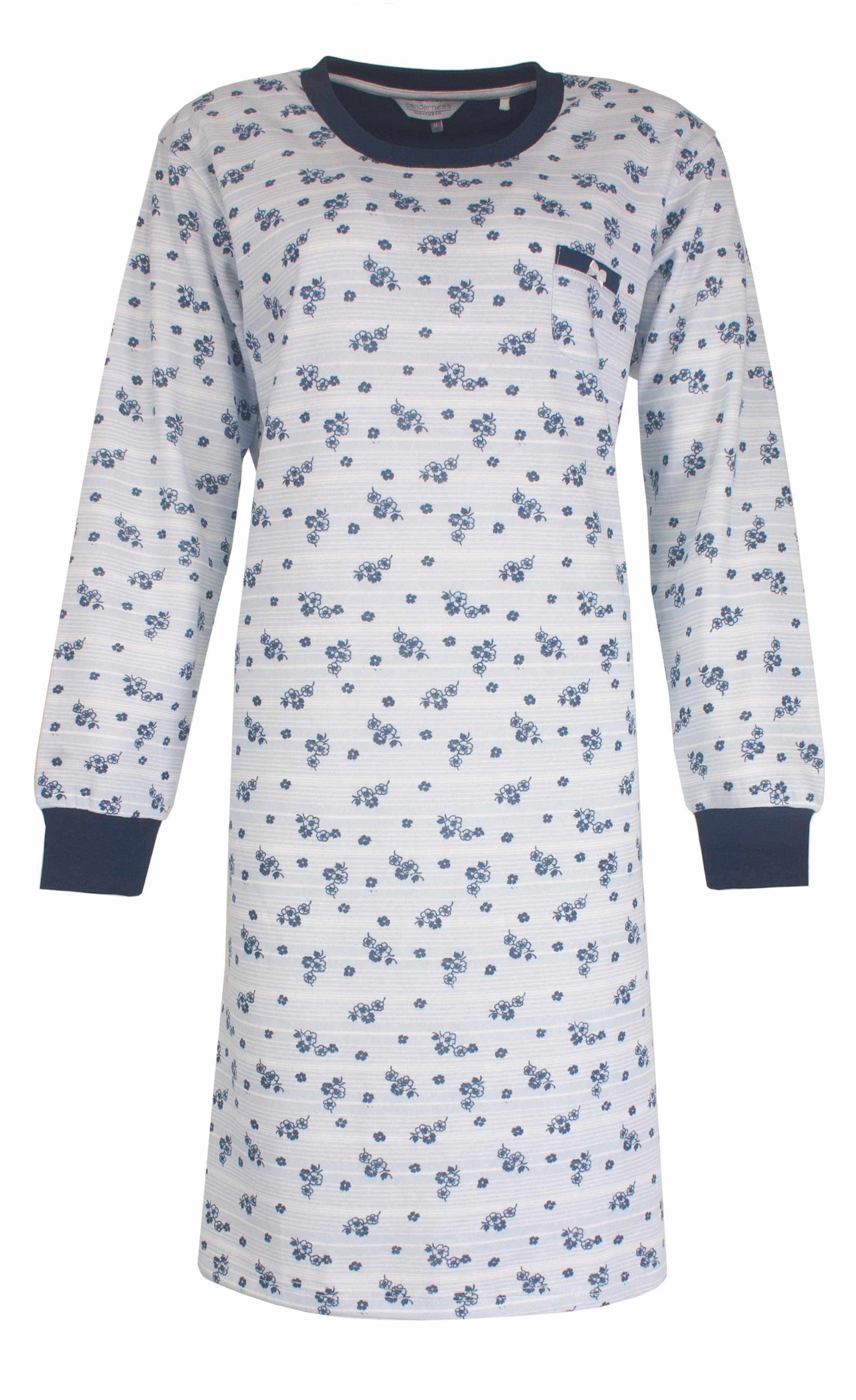 Lichtblauw fleece nachthemd met kleine blauwe bloemetjes en lange mouwen, donkerblauwe boorden