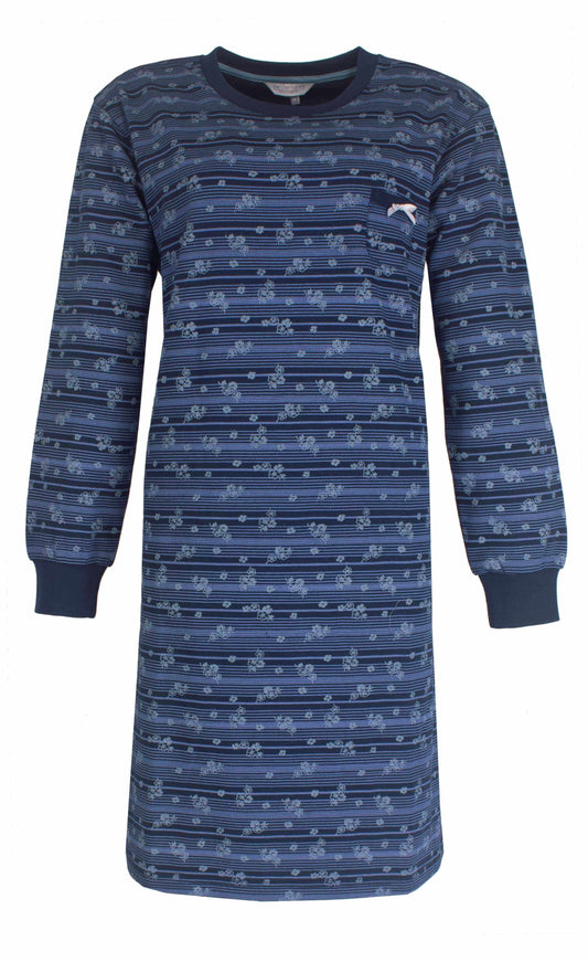 Donkerblauw fleece nachthemd met lange mouwen, bedrukt met kleine bloemetjes en horizontale strepen