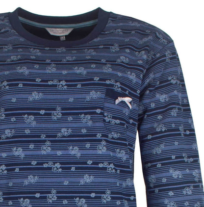 Donkerblauw fleece nachthemd met fijn bloemenpatroon en strepen, ronde hals en lange mouwen
