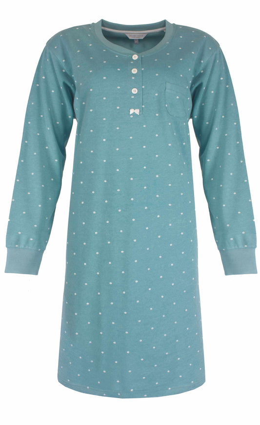 Groene fleece nachthemd met witte stippen, lange mouwen, knoopsluiting en borstzakje met strikje