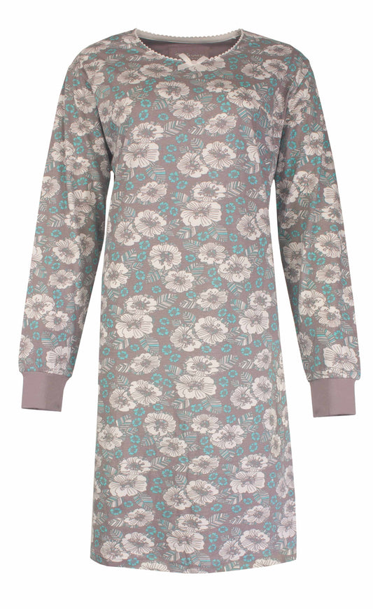 Bruin lang nachthemd met lange mouwen, versierd met witte bloemen en turquoise accenten in een all-over print.