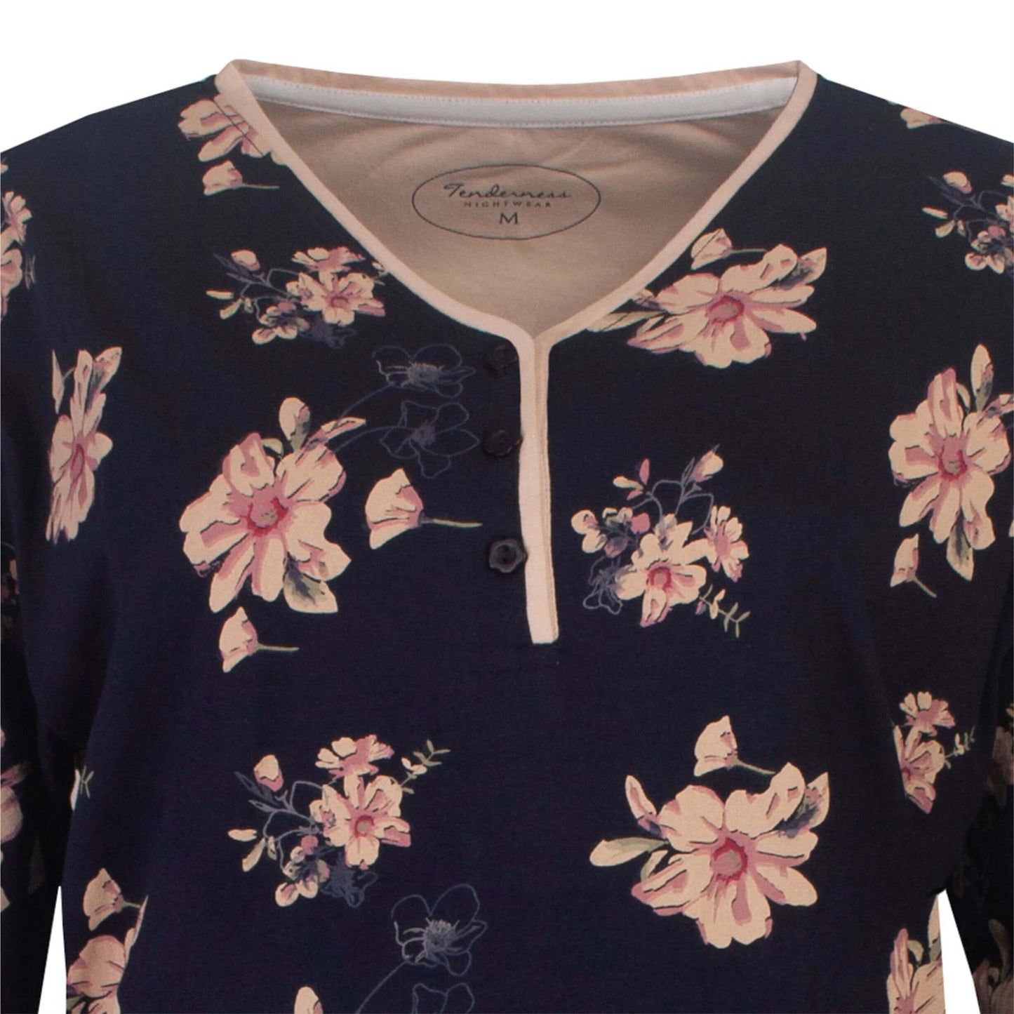 Donkerblauw dhemd met roze bloemenprint, lange mouwen en V-hals met knoopsluiting