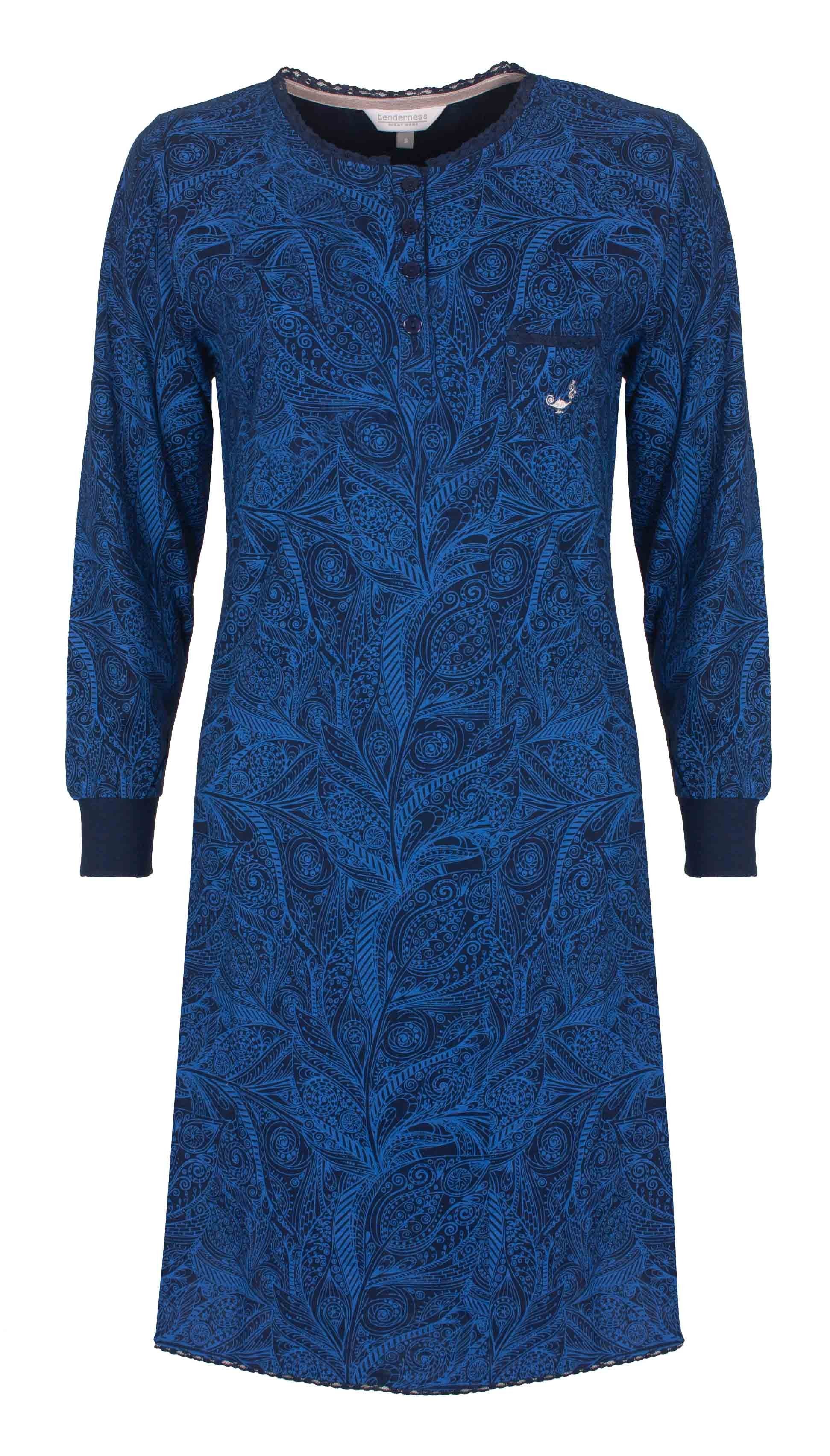 Diepblauw nachthemd met all-over print, lange mouwen, ronde hals met polosluiting en geborduurde logo op borstzakje