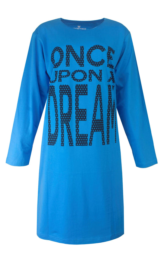 Helder blauw nachthemd met lange mouwen en opdruk 'ONCE UPON A DREAM' in donkerblauw met gestippelde letters