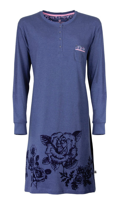 Indigo blauw nachthemd met lange mouwen, polo sluiting en bloemenprint aan de onderkant