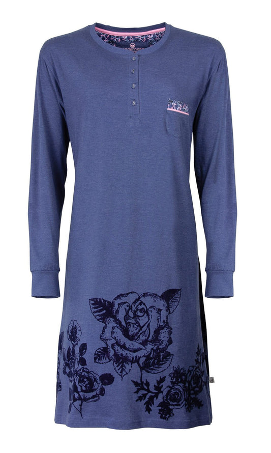 Indigo blauw nachthemd met lange mouwen, polo sluiting en bloemenprint aan de onderkant