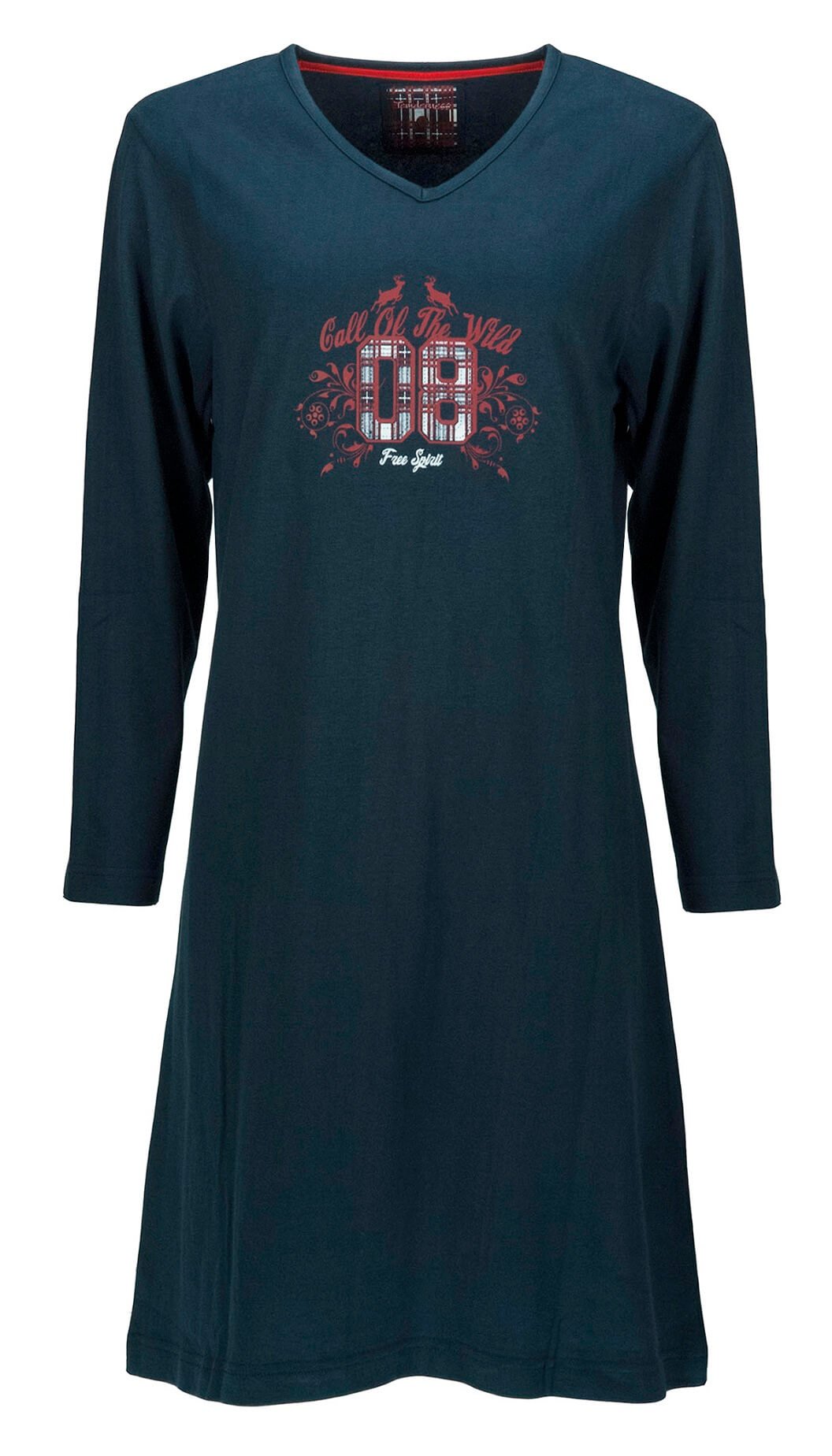 Blauw dames nachthemd met lange mouwen, V-hals en decoratieve print op de borst. Gemaakt van zachte jersey katoen.