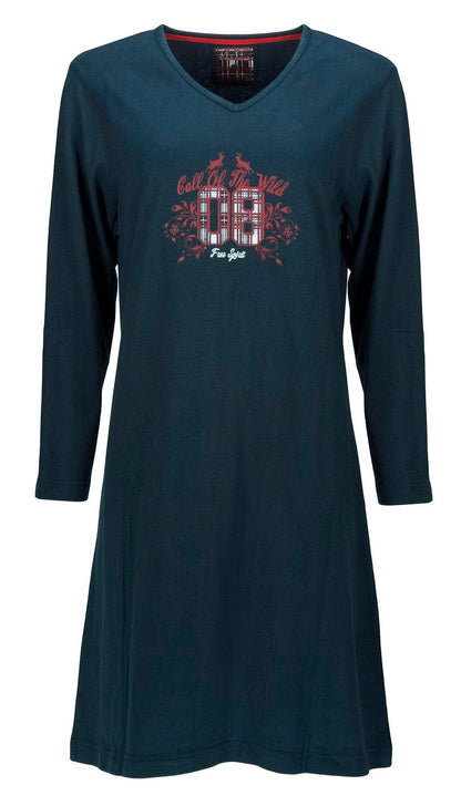 Blauw dames nachthemd met lange mouwen, V-hals en decoratieve print op de borst. Gemaakt van zachte jersey katoen.