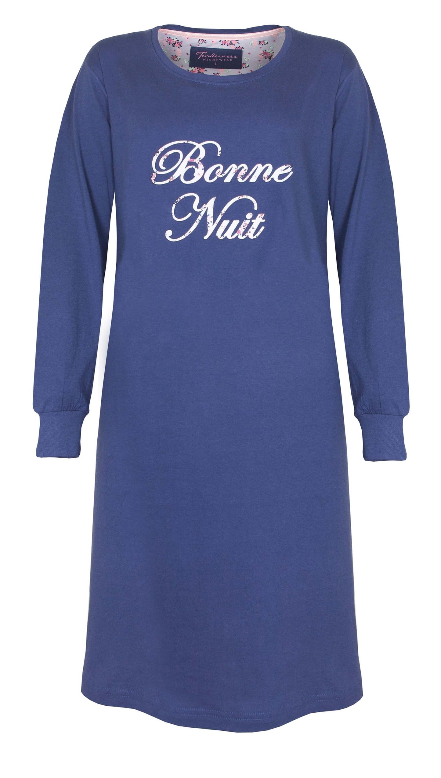 Blauw katoenen nachthemd met lange mouwen en 'Bonne Nuit' opdruk in wit, ronde hals en bloemenpatroon binnenkant