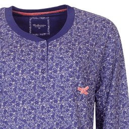 Blauw nachthemd met bloemetjesprint, polo-sluiting, lange mouwen en borstzakje met strikje