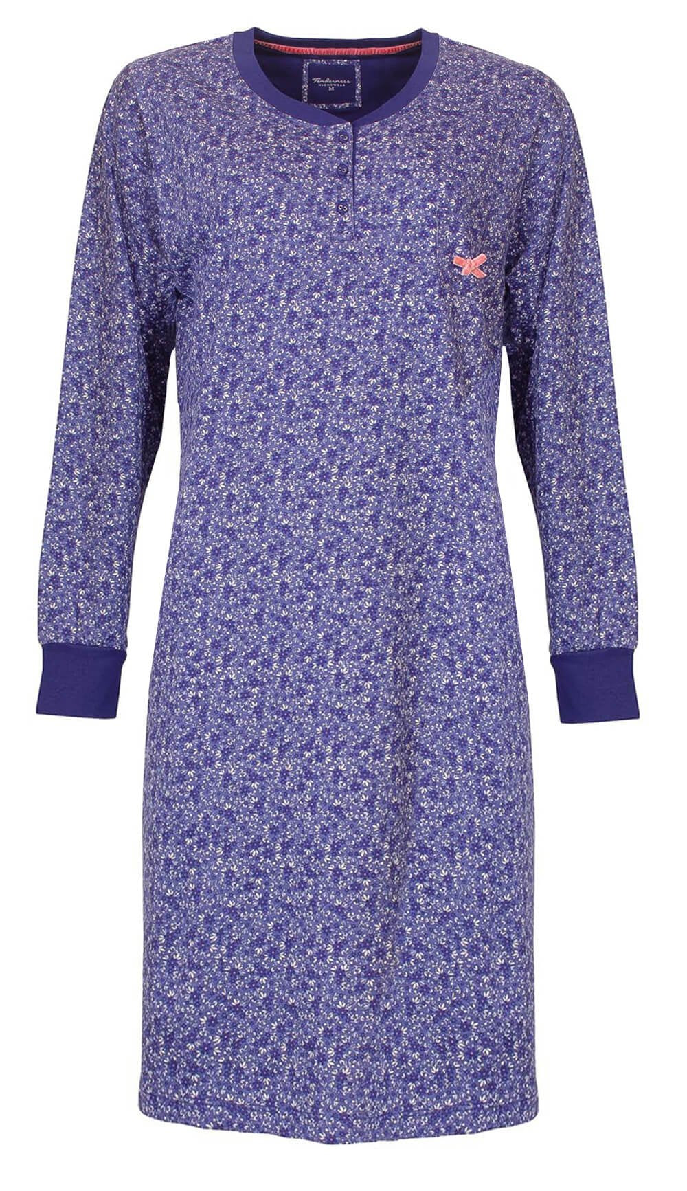 Blauw nachthemd met kleine bloemetjesprint, lange mouwen, polo-sluiting en een strikje op de borst.