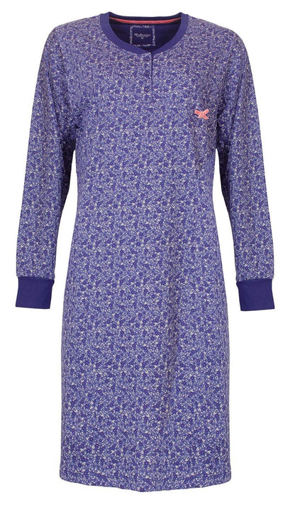 Blauw nachthemd met kleine bloemetjesprint, lange mouwen, polo-sluiting en een strikje op de borst.