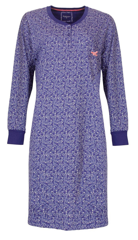Blauw nachthemd met kleine bloemetjesprint, lange mouwen, polo-sluiting en een strikje op de borst.