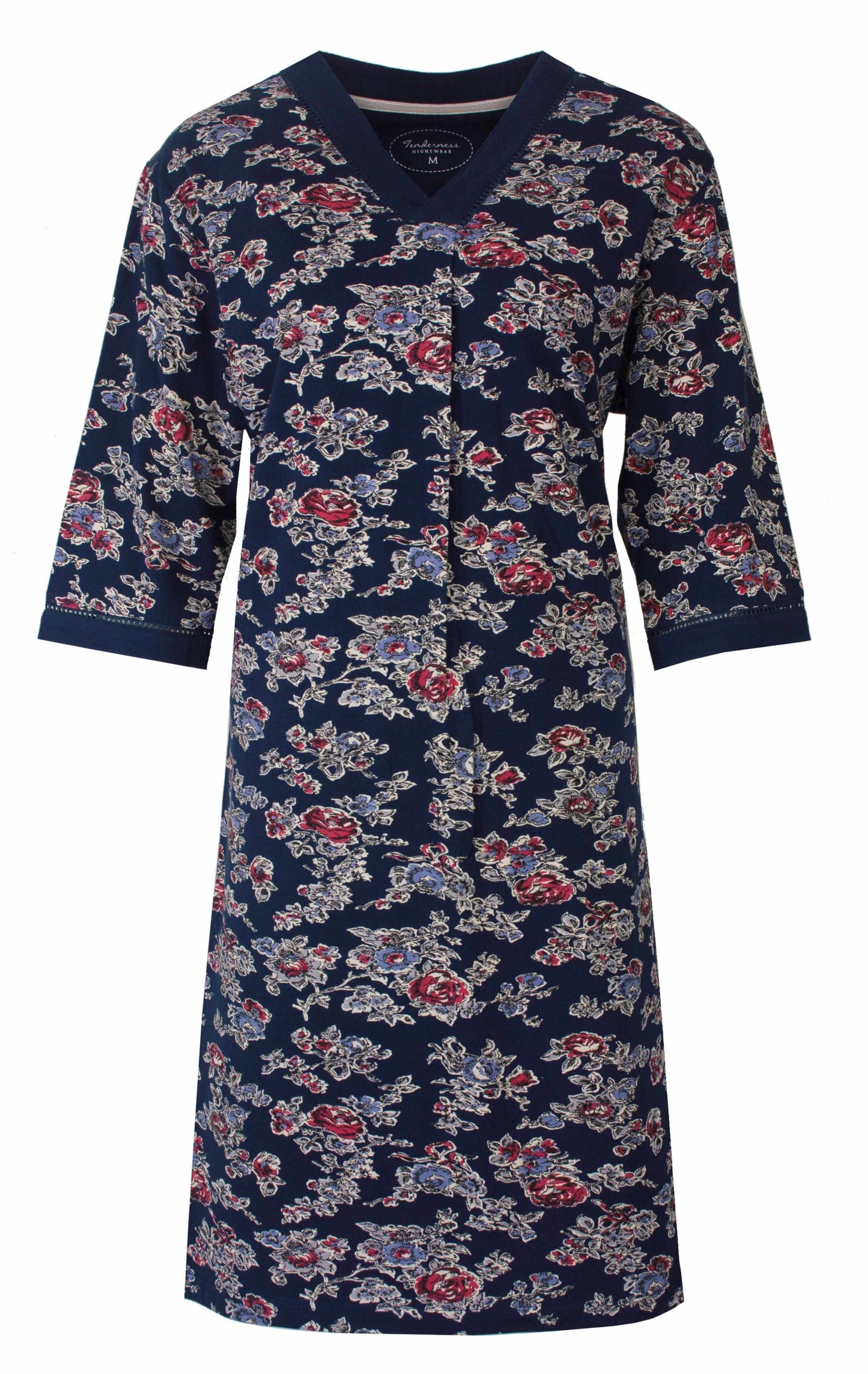 Blauw katoenen nachthemd met 3/4 mouwen, bedrukt met rode en grijze bloemen over het hele kledingstuk