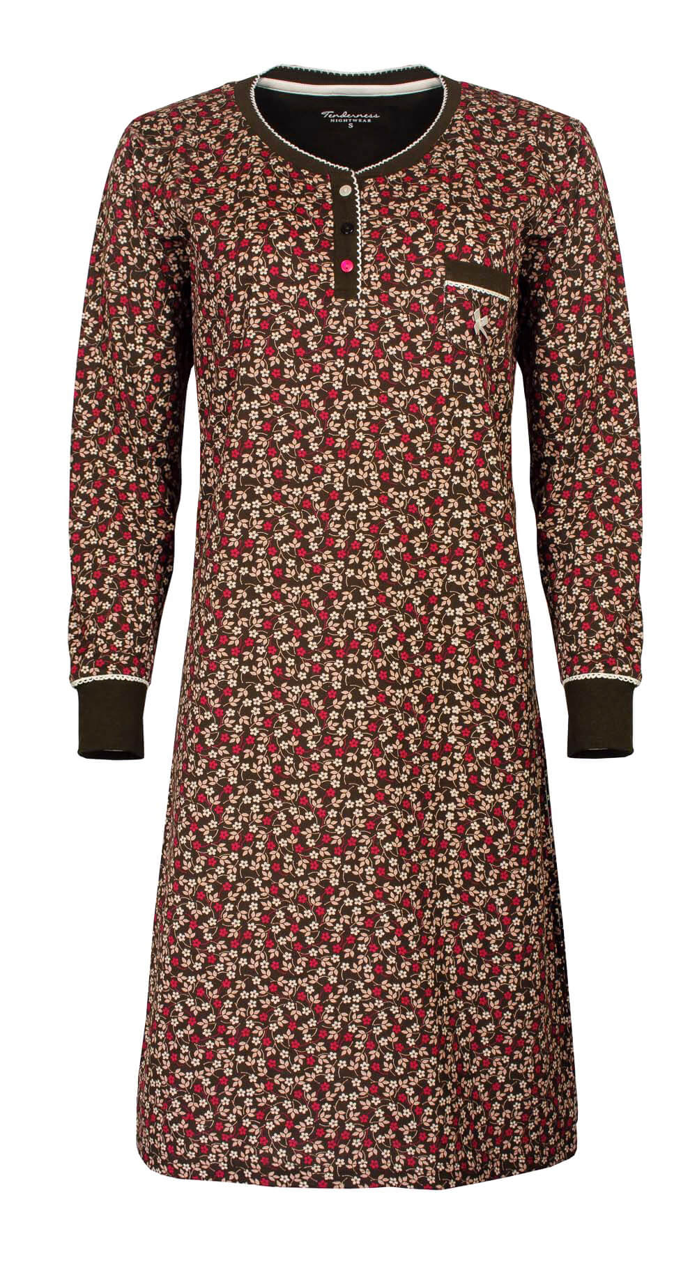 Bruin katoenen nachthemd met lange mouwen, polo sluiting en bloemetjespatroon in beige en rood.