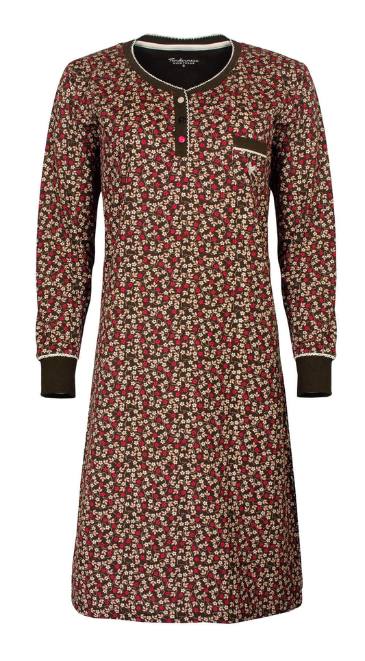 Bruin katoenen nachthemd met lange mouwen, polo sluiting en bloemetjespatroon in beige en rood.