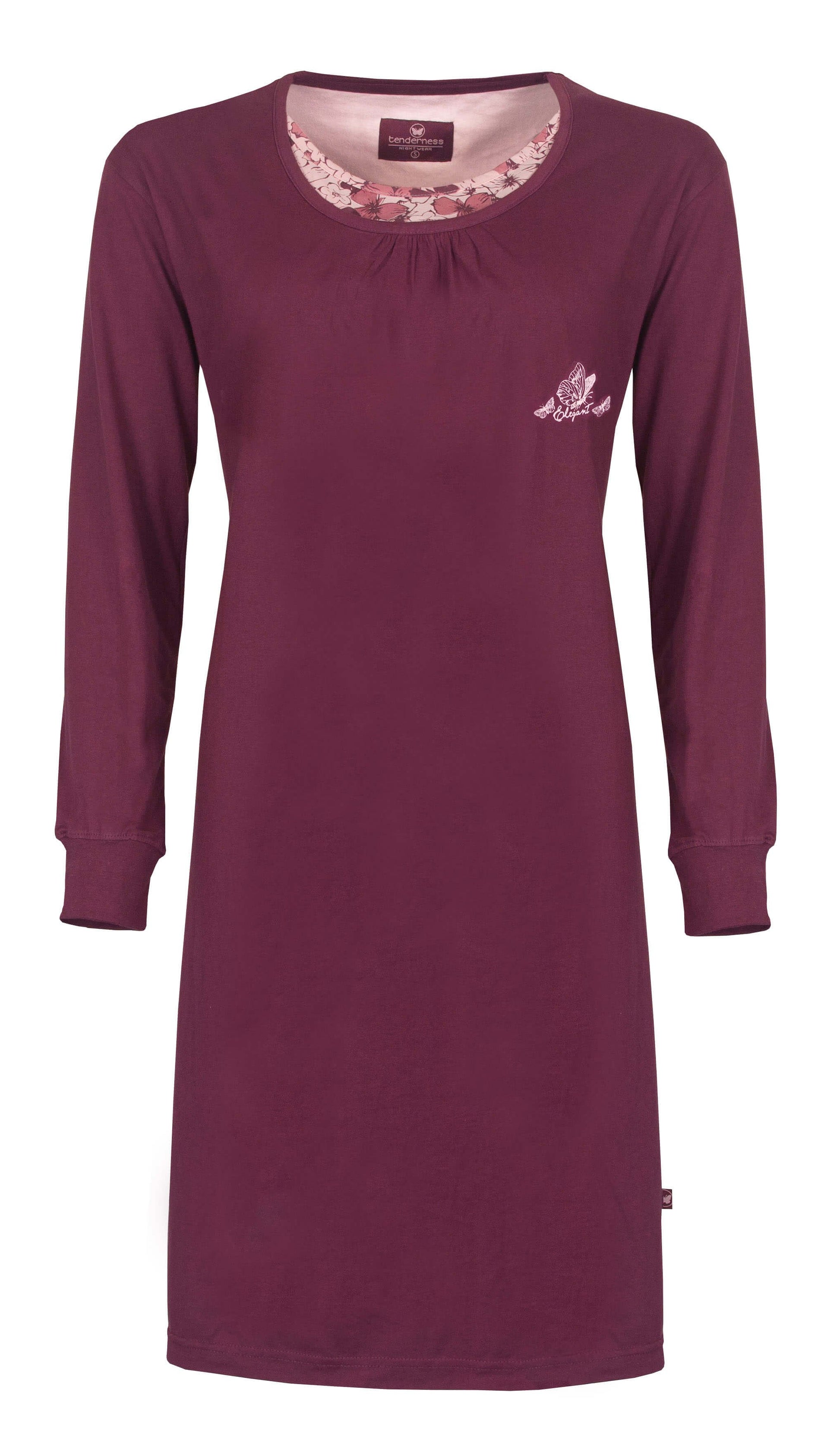 Bordeaux rood katoenen nachthemd met lange mouwen, ronde hals, geprinte halsinzet en klein borstprintje.