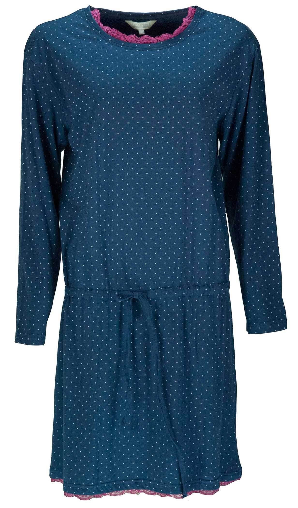 Diepblauw dames nachthemd met witte stippen, lange mouwen, ronde hals met roze kant, en aantrekkoord op heuphoogte