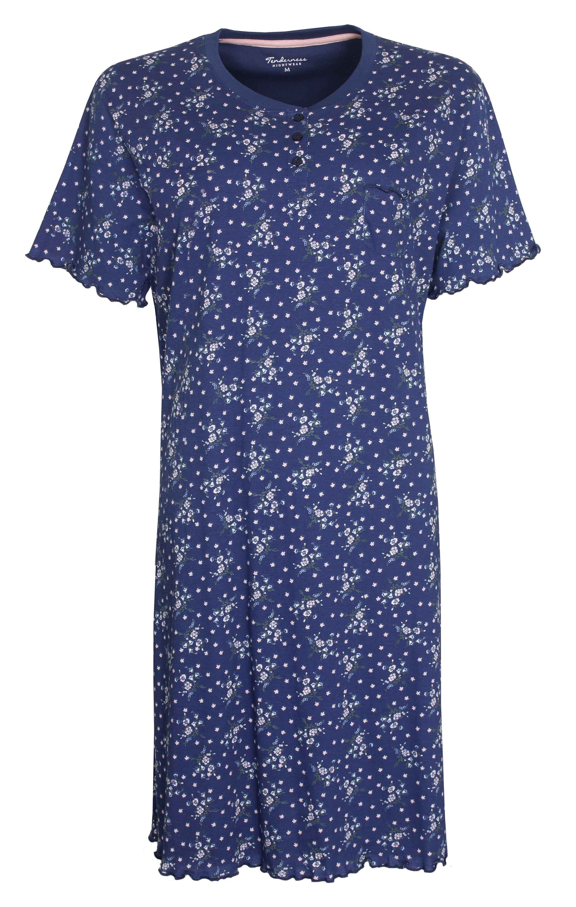Donkerblauw katoenen nachthemd met bloemenprint, korte mouwen, ronde hals en knoopsluiting.
