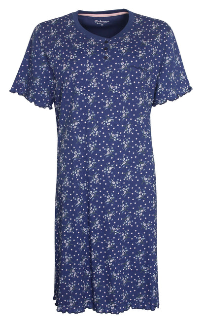 Donkerblauw katoenen nachthemd met bloemenprint, korte mouwen, ronde hals en knoopsluiting.