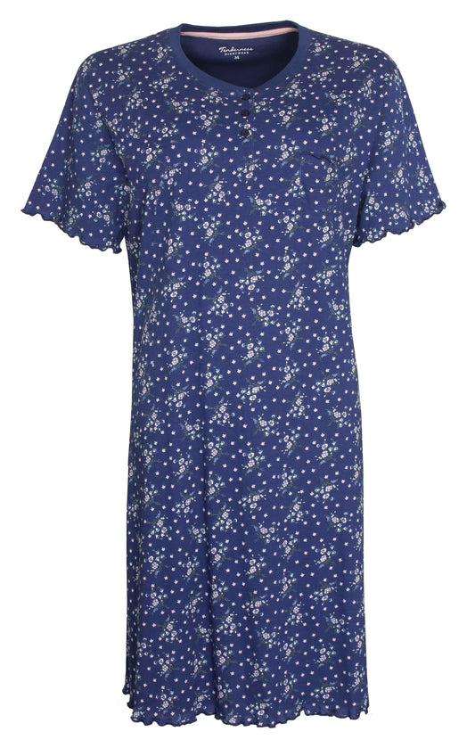 Donkerblauw katoenen nachthemd met bloemenprint, korte mouwen, ronde hals en knoopsluiting.