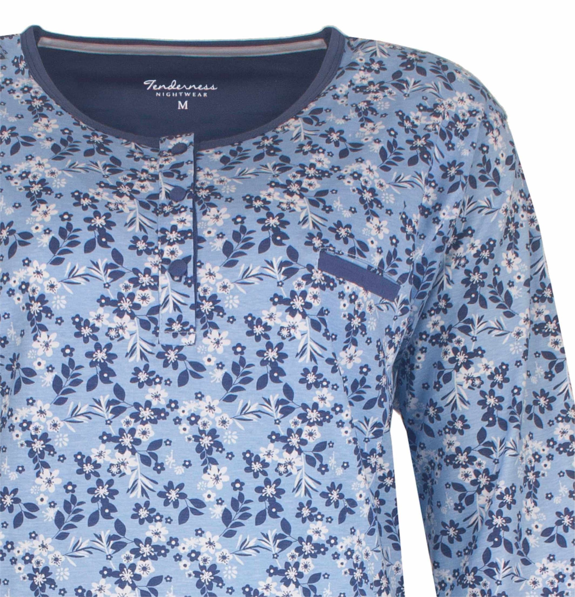 Indigo blauw nachthemd met lange mouwen, bedrukt met kleine witte en donkerblauwe bloemen en bladeren