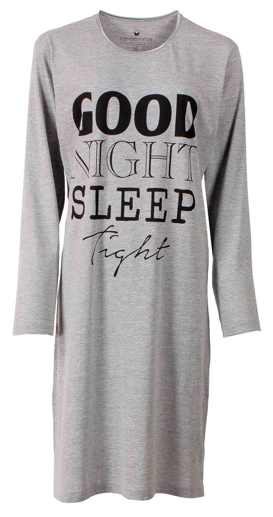 Lichtgrijs lang nachthemd met 'Good Night Sleep Tight' tekst,druk, ronde hals en lange mouwen van Tenderness