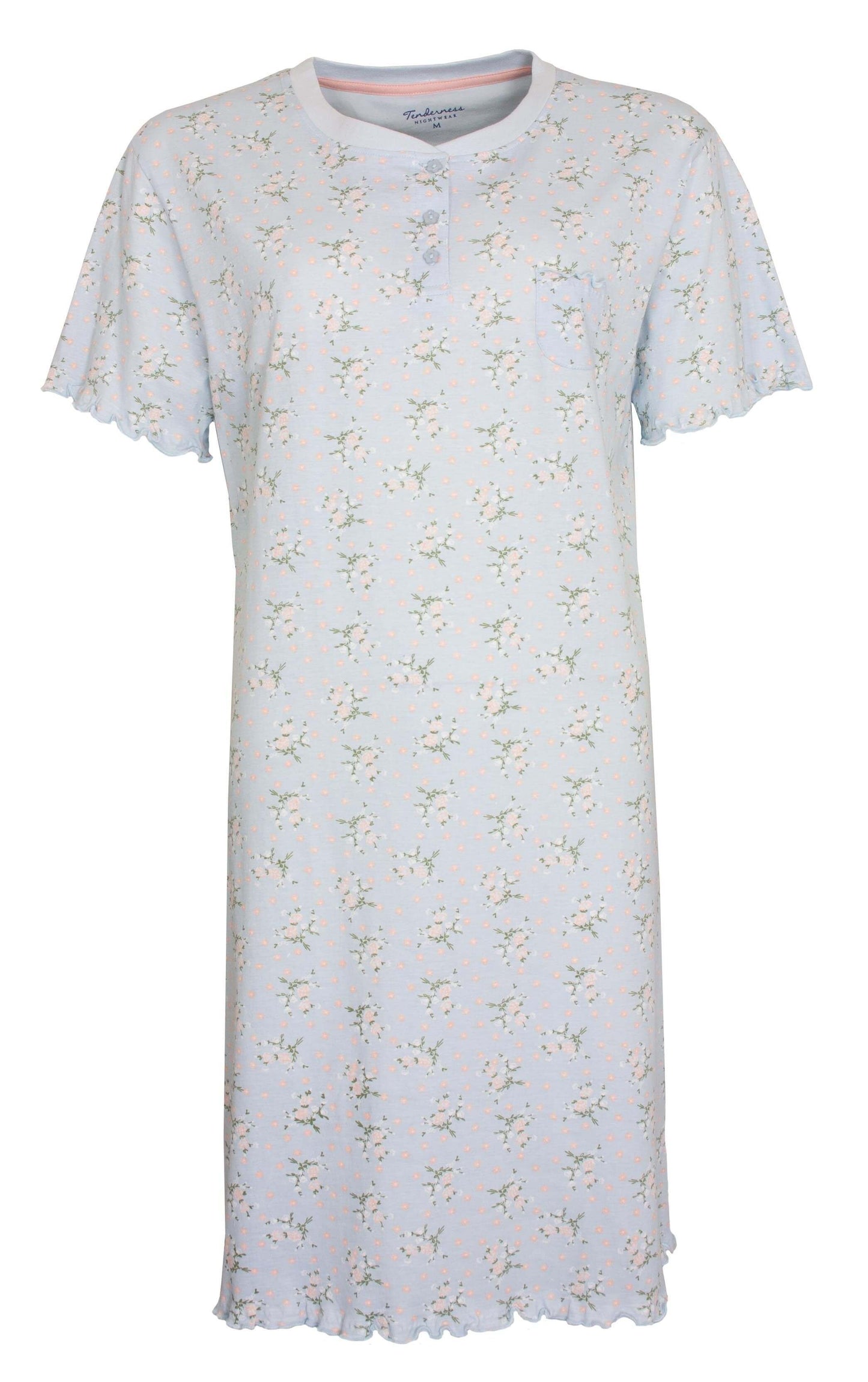 Lichtblauw dames nachthemd met bloemenprint, ronde hals,te mouwen, knoopsluiting, gemaakt van 100% katoen