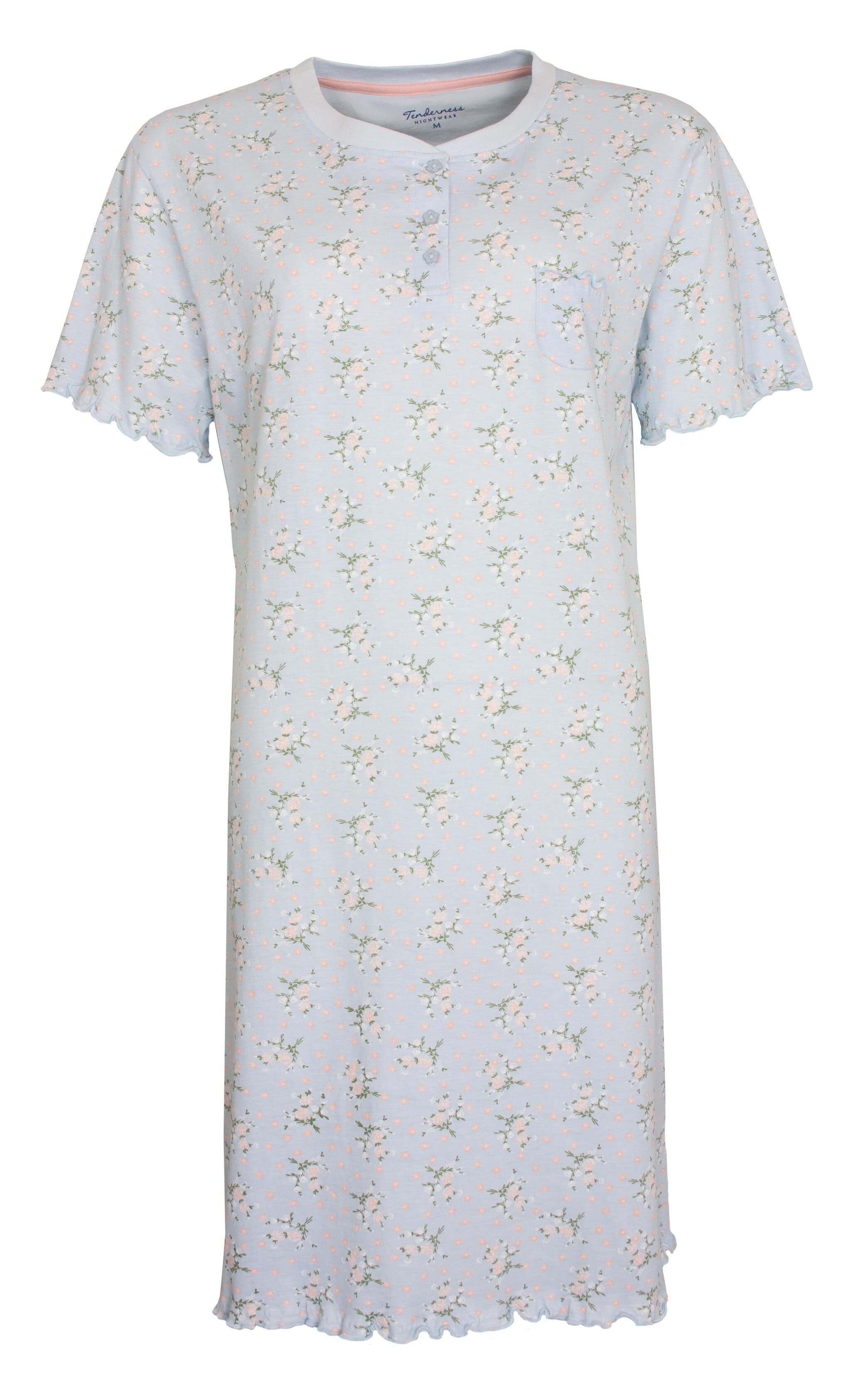 Lichtblauw dames nachthemd met bloemenprint, ronde hals,te mouwen, knoopsluiting, gemaakt van 100% katoen