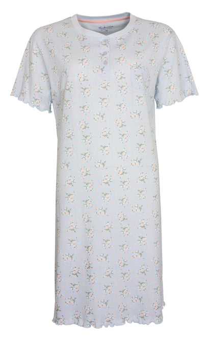 Lichtblauw dames nachthemd met bloemenprint, ronde hals,te mouwen, knoopsluiting, gemaakt van 100% katoen