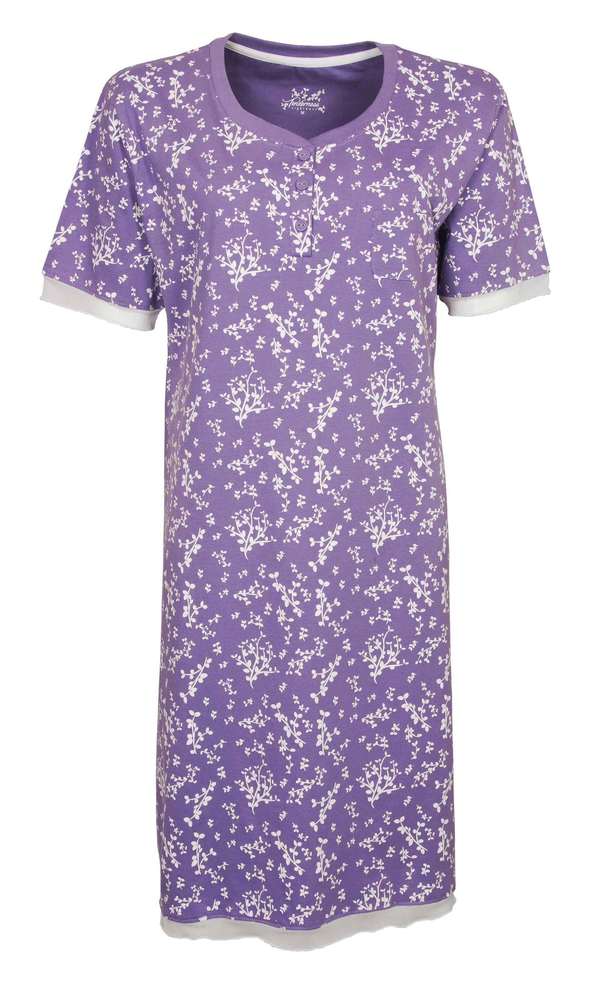 Paars nachthemd met witte bloemenprint, korte mouwen, polosluiting, gemaakt van katoen, lendames