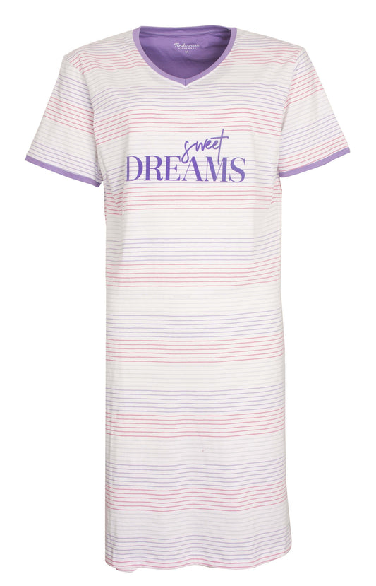 Wit nachthemd met paarse en roze strepen, 'Sweet Dreams' opdruk, V-hals en korte mouwen met paarse afwerking