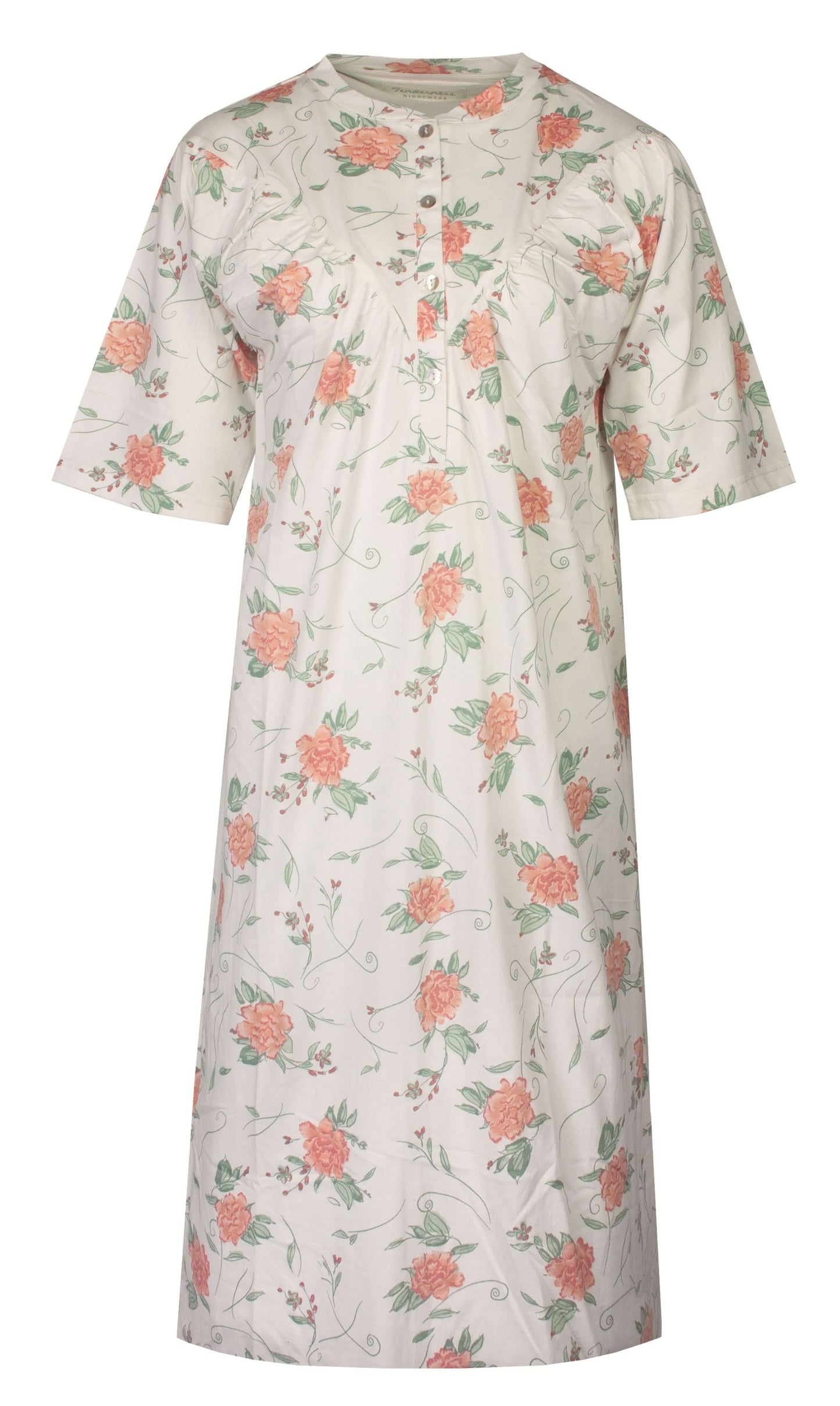 Beige nachthemd met korte mouwen en roze bloemenprint, knoopsluiting aan de hals, lengte 110 cm